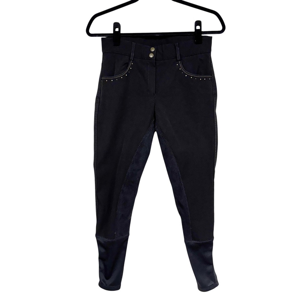 Ovation Black Horse-Riding Breeches Pants, Size 28R, Full Seat Rhinestones Studs