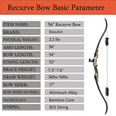 Topbows 56″ Recurve Bow with 30″ Max Draw 30 35 40 45 50lb Draw Weight Right …