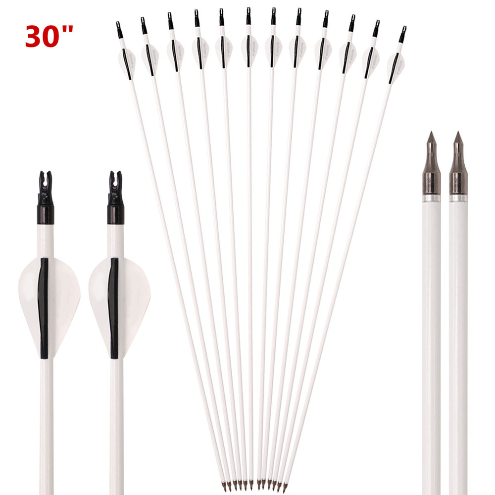 12Pcs 30″ Archery Carbon Arrows White Shaft Spine 500 for Recurve Compound Bow