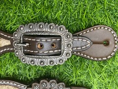 Western Women’s Spur Strap Set with Leather Leaves on Cowhide, Raw Metal Concho