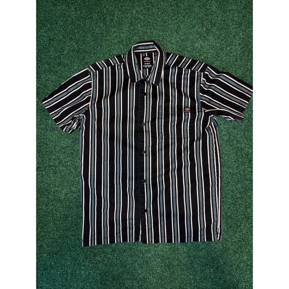 Dickies Skateboarding Button Up Shirt Mens Large Short Sleeve Striped Green Sm