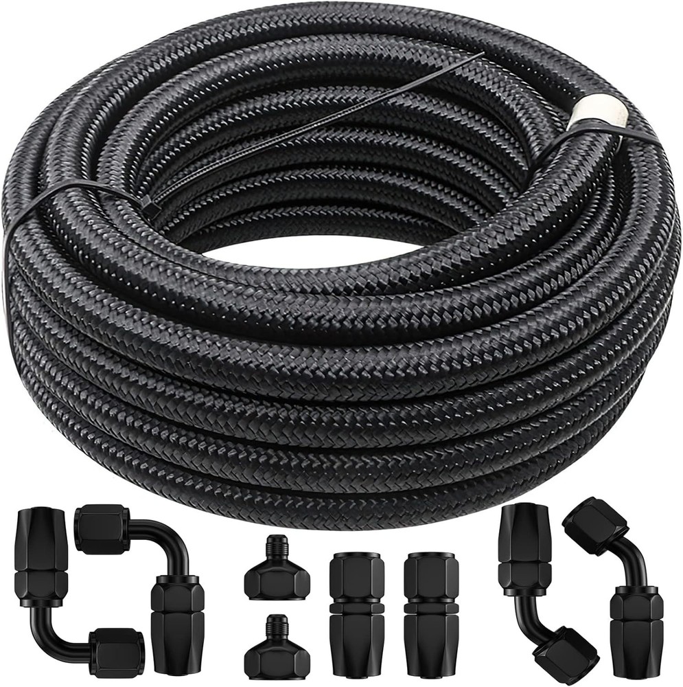 12 FT 6AN 3/8″ Fuel Line Hose Braided Stainless Steel With 6PCS AN-6 Black