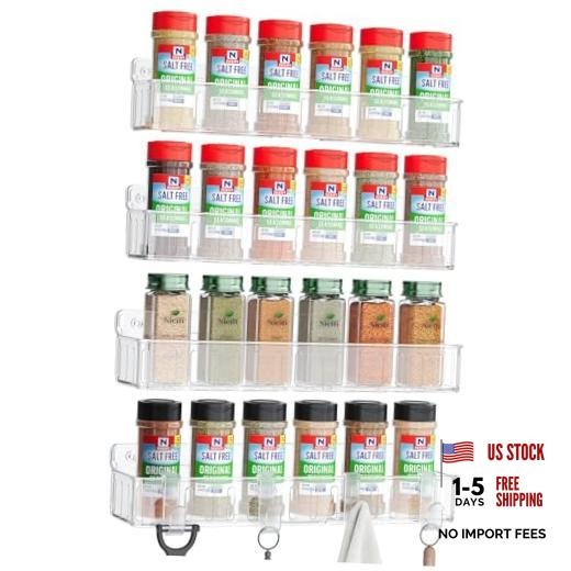 Spice Rack Wall Mount, 4 Pack, Screw or Adhesive Installation, Spice Clear