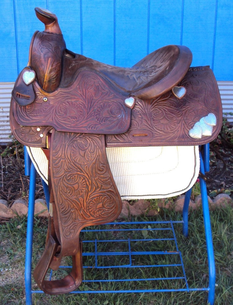 SIMCO Western Show / Parade Saddle- 15″ -SILVER HEARTS- Tooled Design -STUNNING!