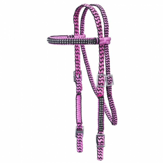 Tough 1 Pink/Black Braided Cord Brow Band Headstall w/Crystal Accents 42-500