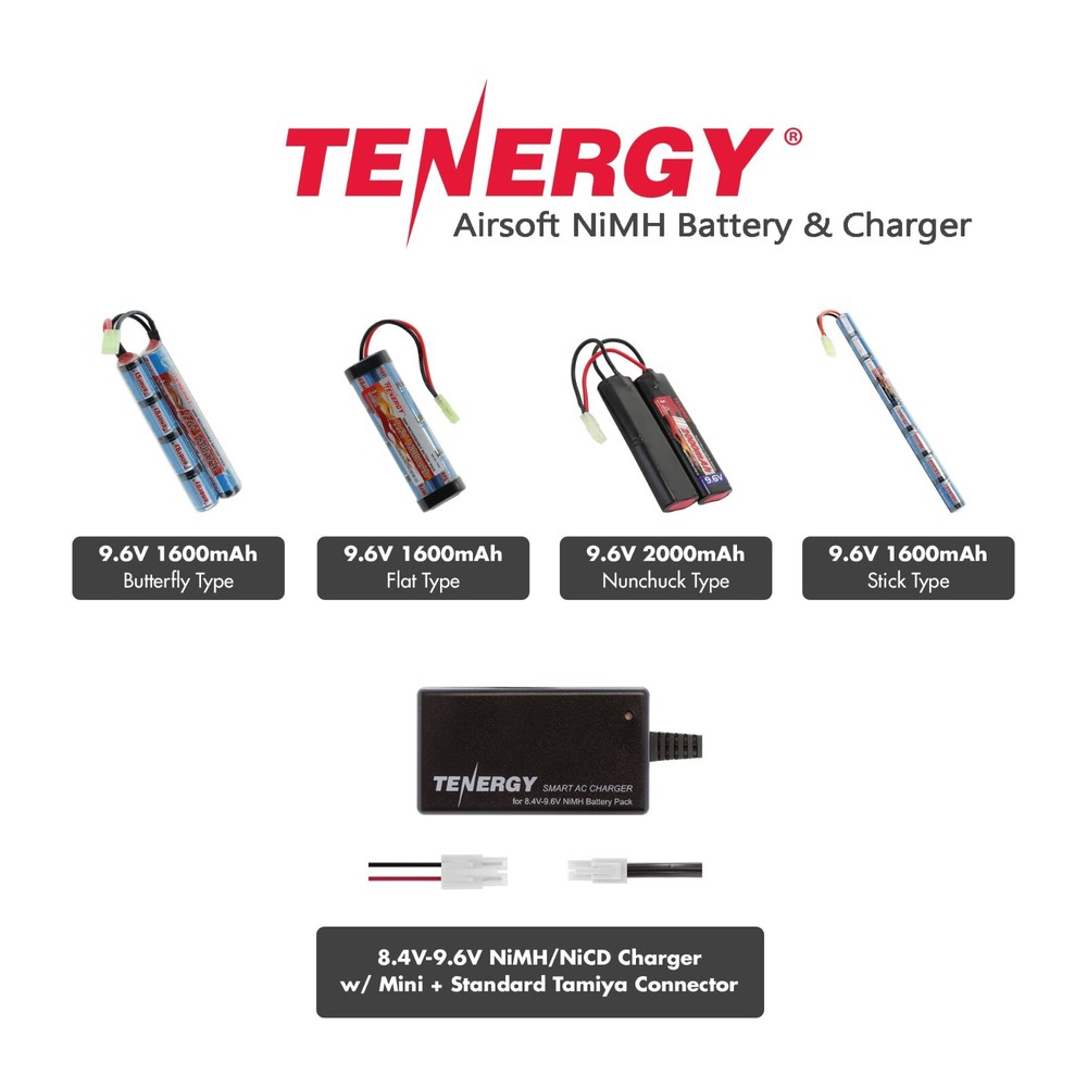 Tenergy 9.6V NiMH Airsoft 1600mAh & 2000mAh Battery Pack with Charger Option Lot
