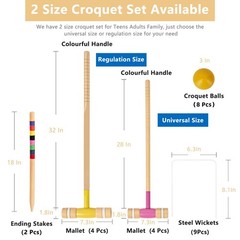 8 Players Croquet Set with 32In Regulation | 28In Standard Size Rubber Wood Mall