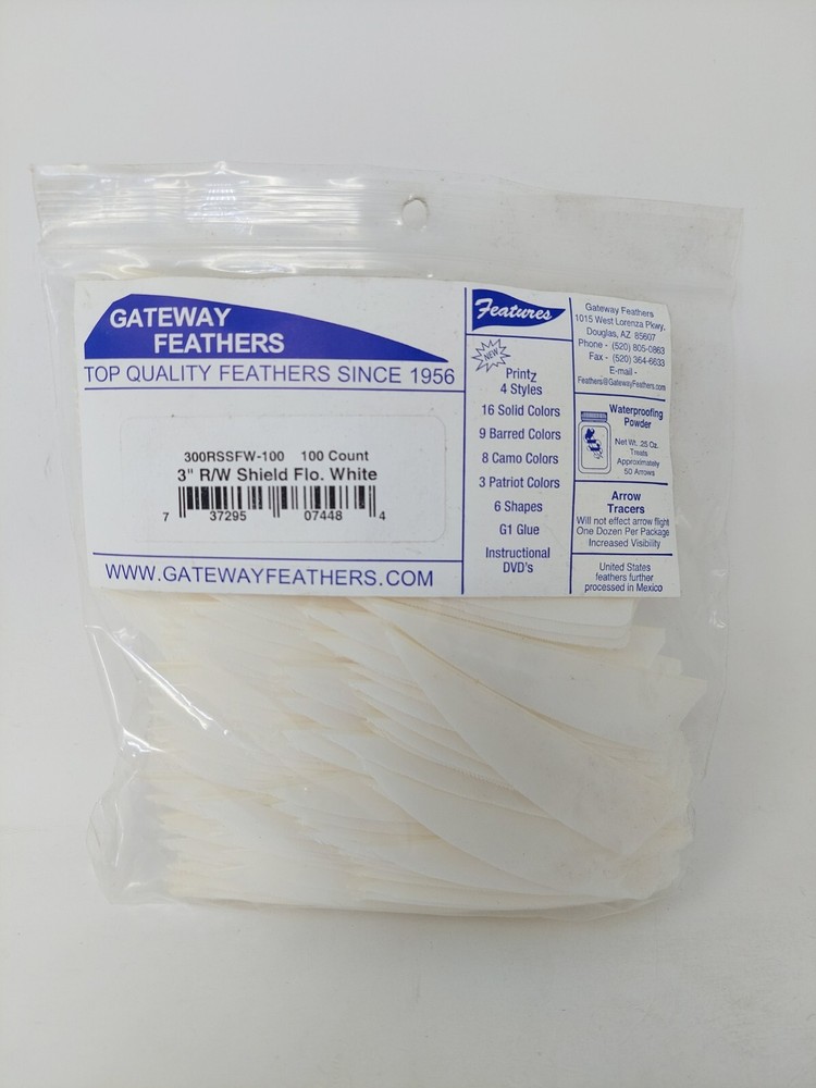 100pk Gateway Feathers 3″ Right Wing: Shield Flo White 300RSSFW-100