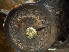 Western Riding Spur Rowel Spurs w/ Tooled Leather Straps, Chap Guards, Conchos