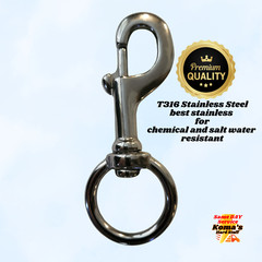 5″ T316 Stainless Steel Bolt action snap hook with 1 1/4″ round swivel eye clip