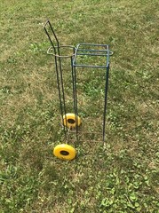 Vintage WOOD CROQUET SET w CADDY metal carrier stand rack rolling lawn game 60s