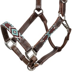 Leather Halter – Navajo Beaded Cheeks and Noseband – Turquoise – Rust Beads