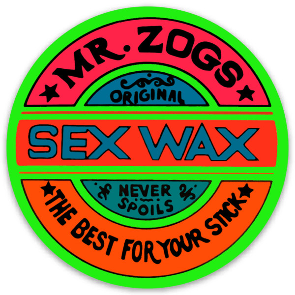 Mr Zog’s Sex Wax – Red / Blue w/ Neon Green border Die Cut Round STICKER!