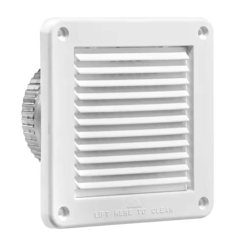 4 In. White Plastic Fresh Air Intake Vent with Mini Louvers, Removable Screen, a