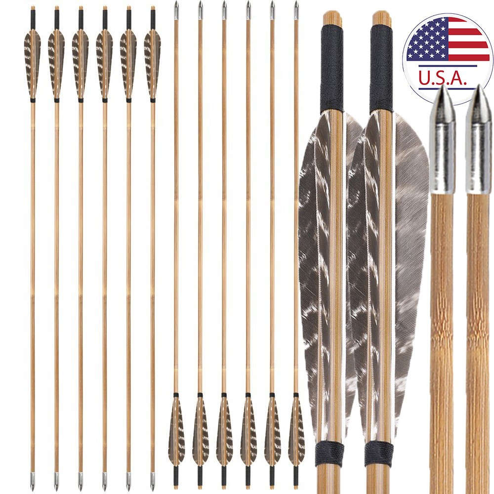 12X 33″ Bamboo Arrows Archery 5″ Feather 8mm Shaft Longbow Recurve Bow Shooting