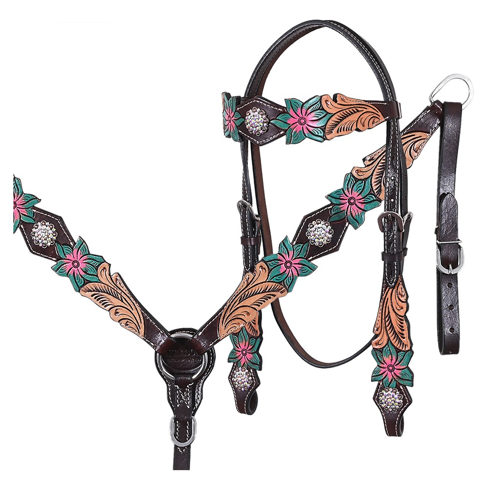 Western Headstall and Breast Collar Set HILASON Tooled Leather Horse Bridle Tack