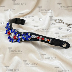 Black Leather Horse Browband with Blue Red Crystal Rhinestones Show Bridle