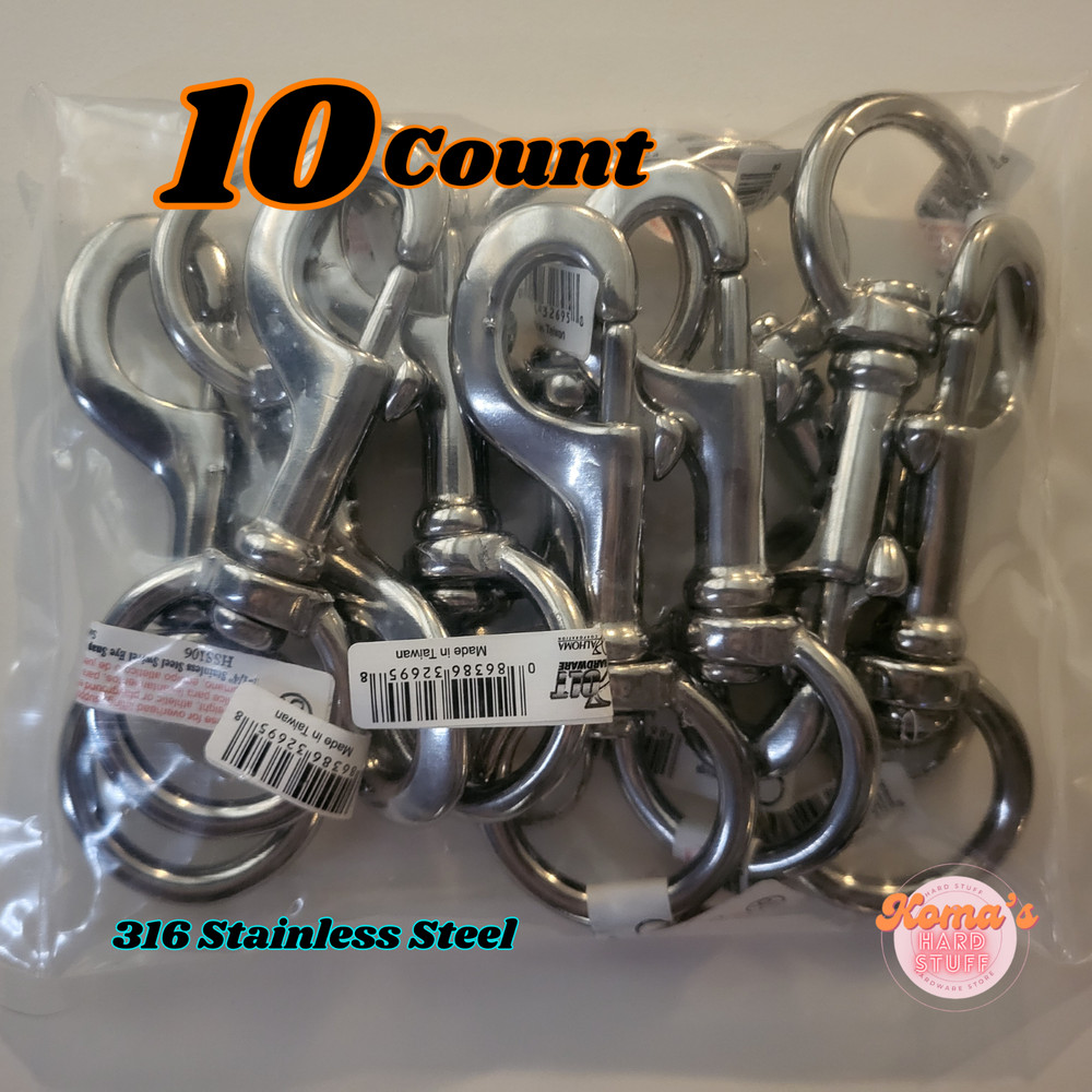 5″ T316 Stainless Steel Bolt action snap hook with 1 1/4″ round swivel eye clip