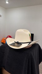 CL Hats White Western Cowboy Hat with Black Band and Multicolor Feather