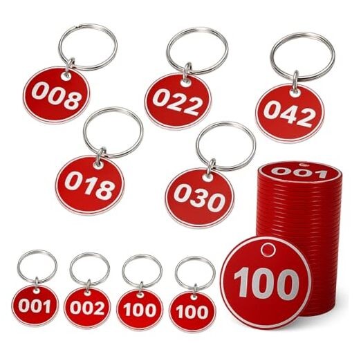 1-100 Numbered Key Tags—Aluminum Alloy Metal—30mm Durable ID—Red