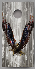 Bald Eagle American Flag Wings on Distressed Wood Grain Cornhole Decal Wraps