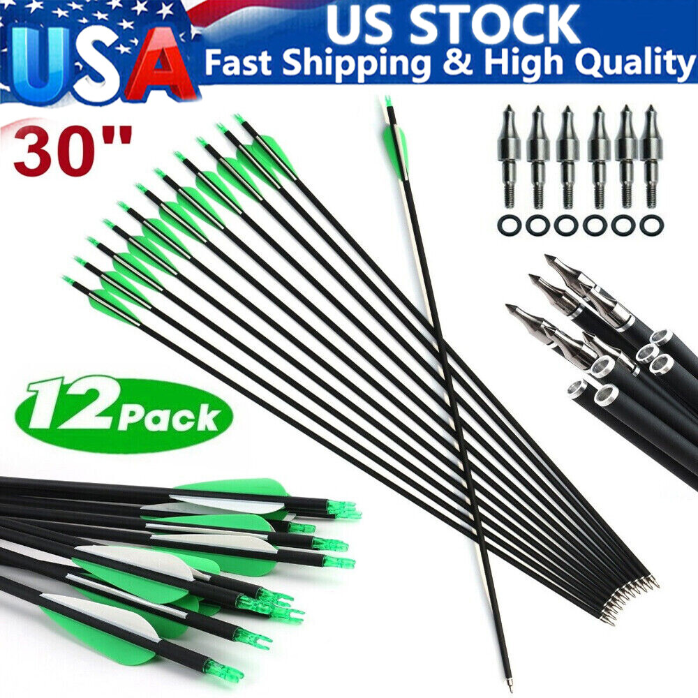 12Pack 30-inch SP500 Archery Carbon Arrows Hunting For Compound & Recurve Bow US