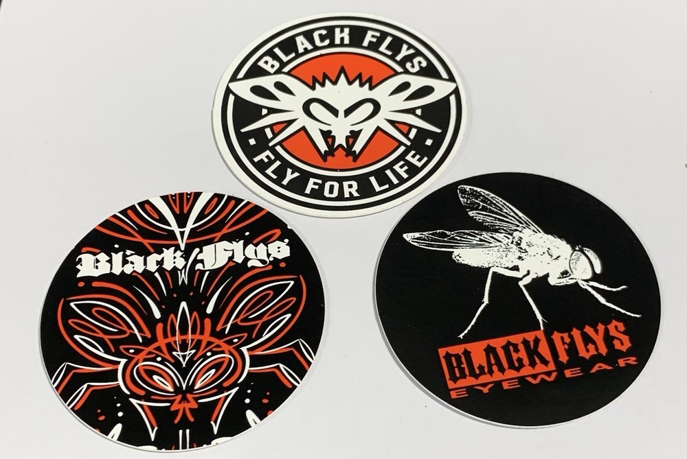 2 1/2 inch Circle Black Flys Eyewear STICKER Surf Skate Snow Party Lot of 3