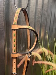 Light Oil w Green Buck Stitching One Ear Western Horse Headstall RANCH PLEASURE