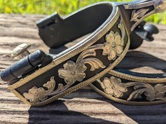 Western Ball End Spurs – Black Iron and Silver Floral