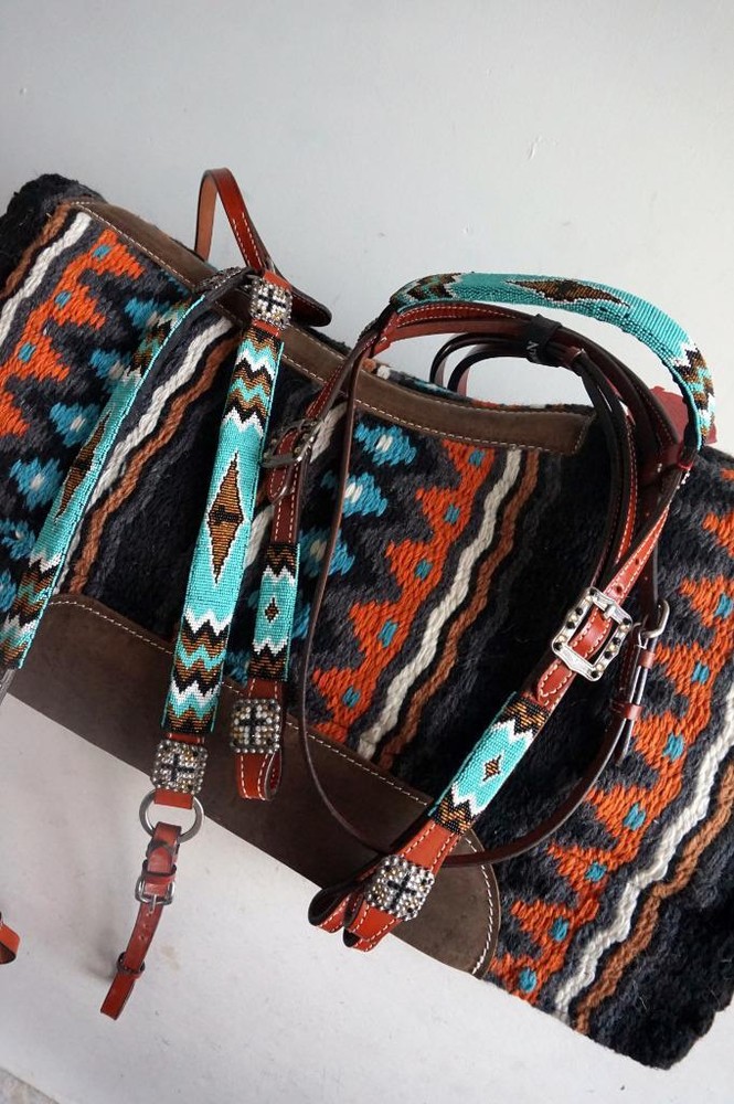 28×30″ Woven Black Navajo Teal Orge Wool top Mem Felt PAD- Option o/Headstall BP
