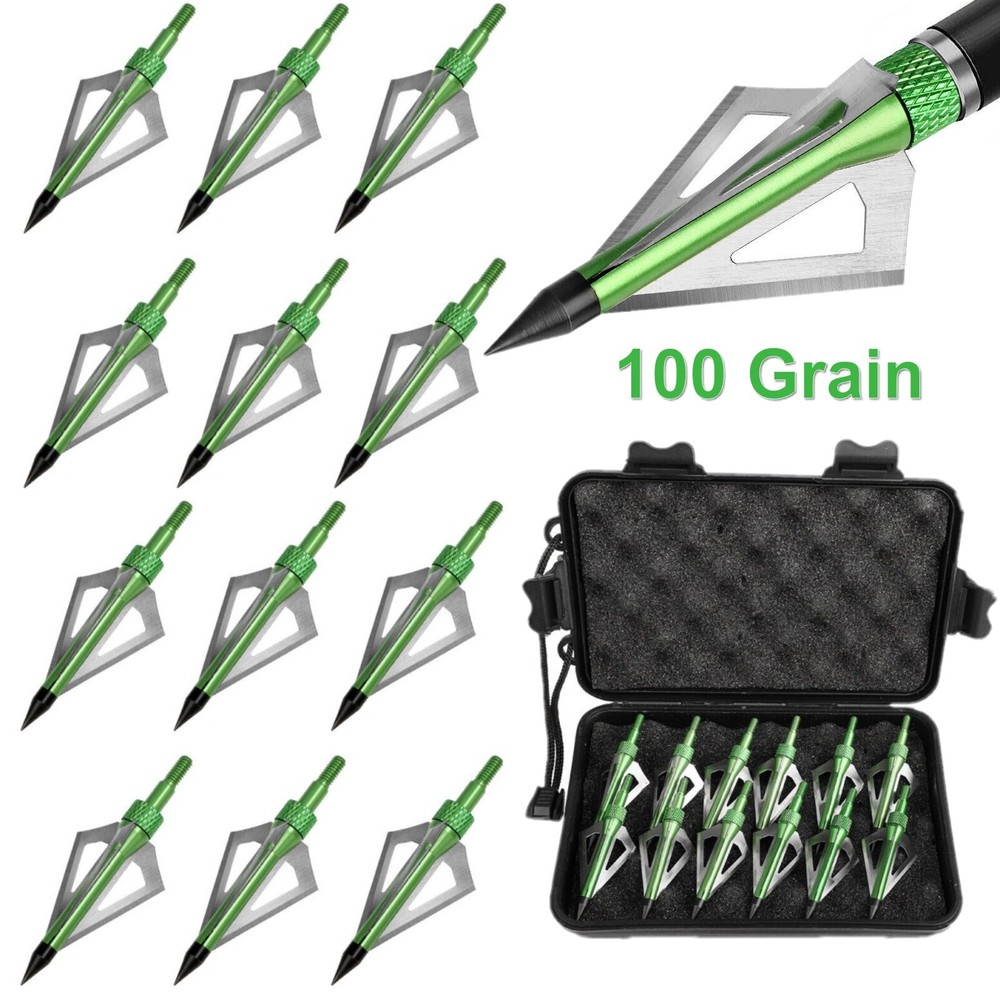 12Pcs Broadheads 100 Grain 3 Fixed Blade Archery Arrowheads Bow Hunting Points