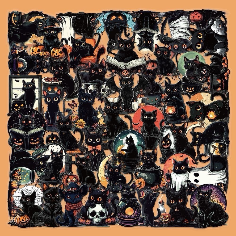30Pcs Random Gothic Dark Kitty Black Cat PET Transparent Halloween Sticker