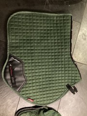 LeMieux Suede Saddle Pad , Ear Bonnet U.S. 4 Riding Shirt Set Hunter Green