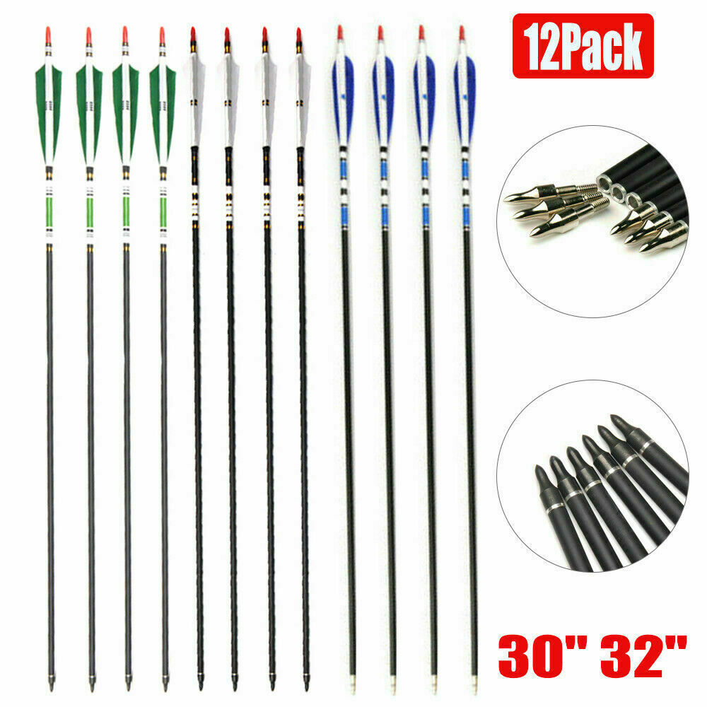 12Pcs 30/32 Carbon Arrows SP500 Turkey Feather Archery For Compound&Recurve Bow