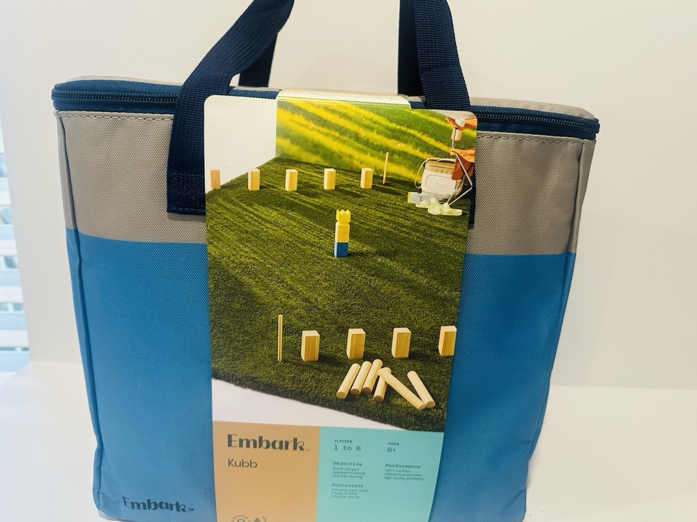 Embark Kubb Outdoor Lawn Game Set Complete Blue and Gray with Carry Case Bag