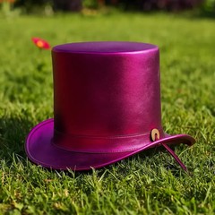 Magenta Leather Top Hat with Feather: Steampunk Gothic Cosplay pink hat western