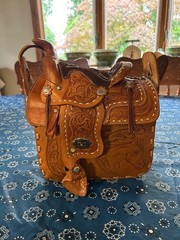 Vintage Leather Horse Saddle Crossbody Shoulder Bag Tooled Western