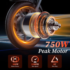 750W Peak Electric Scooter for Adults with Seat, 48V 10.4Ah 22MPH 28 Miles Range