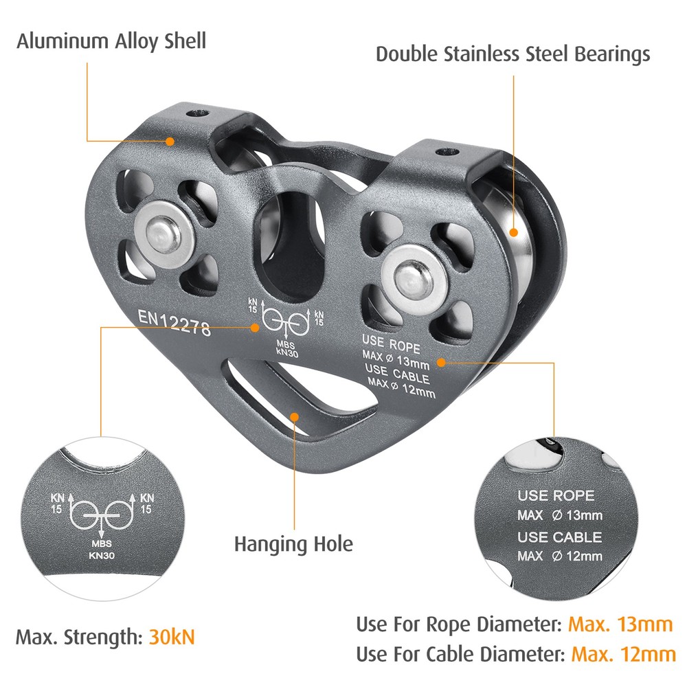 Lixada Aluminum Magnesium Alloy Climbing Pulley 30kN 13mm Rope for High-Altitude