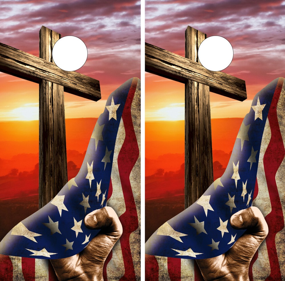 WATERPROOF Sunset Cross USA Flag Cornhole Board Wraps / Cornhole Decals