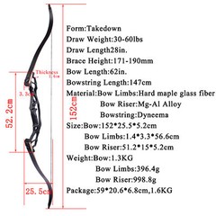 62» Archery Recurve Bow Takedown 30-60lbs Aluminum Alloy Riser Shooting Target