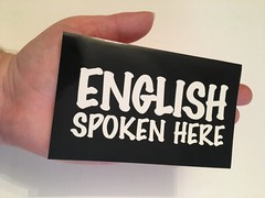 English Spoken Here Black and white 3″x5″ rectangular glossy sticker