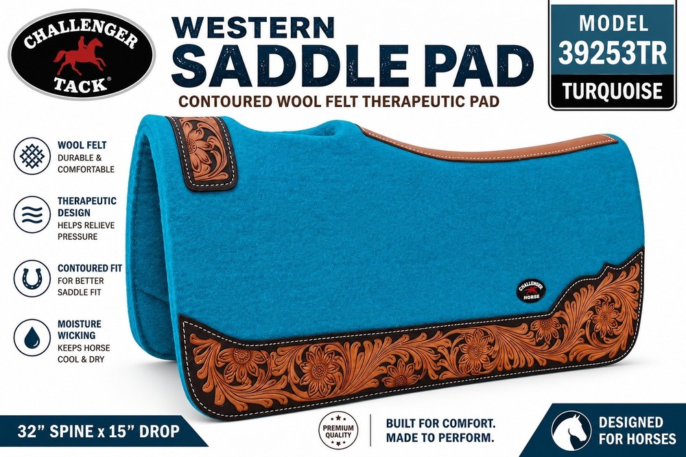 Challenger 39253TR Western Contoured Wool Felt Saddle Pad Turquoise 32×30