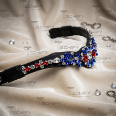 Black Leather Horse Browband with Blue Red Crystal Rhinestones Show Bridle