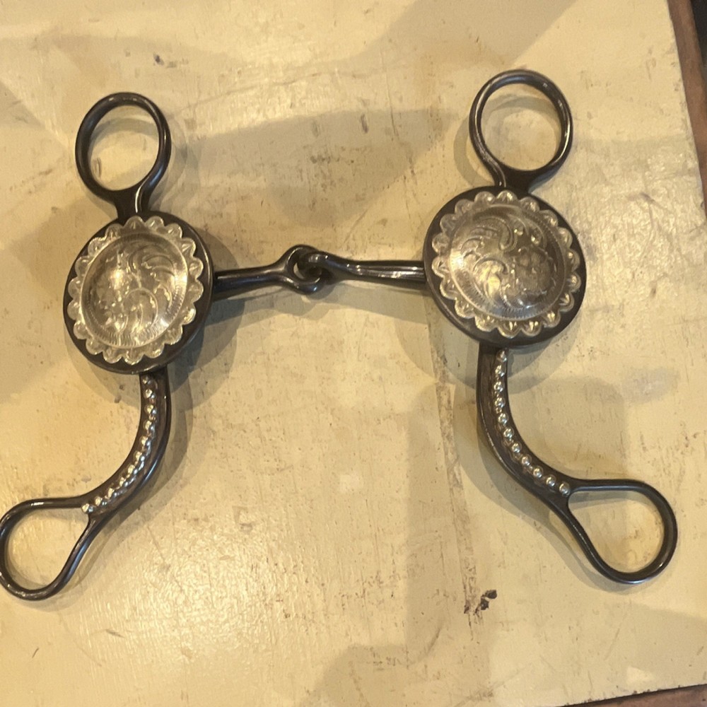 Western Grazing Snaffle Bit w/ Engraved Silver Conchos & Shanks; Approx 7″