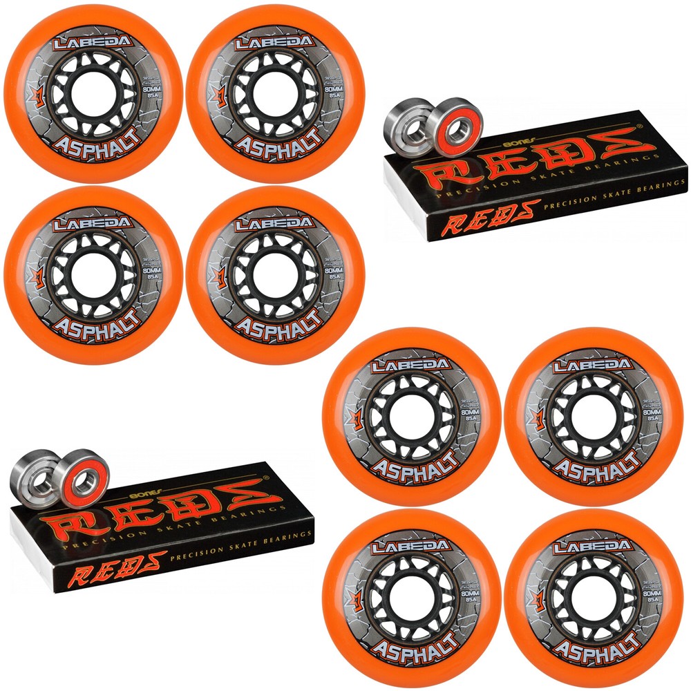 Labeda Asphalt Inline Roller Hockey Wheels 80mm Orange 85A 8-Pack Bones Reds