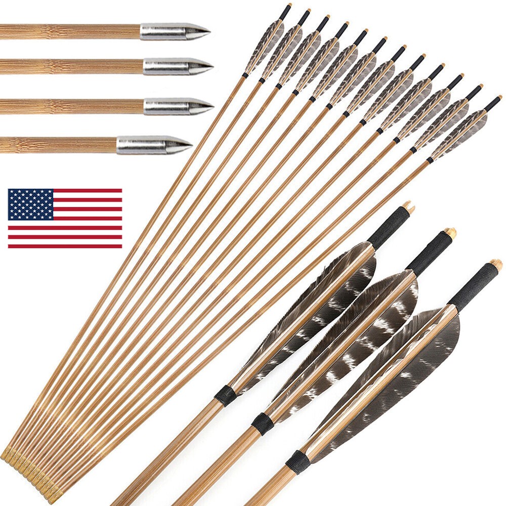 33″ Bamboo Arrows 5″ Natural Feathers Archery Longbow Recurve Bow Hunting