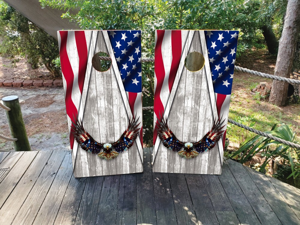 WATERPROOF Grey Wood Grain USA Flag Cornhole Board Wraps / Cornhole Decals