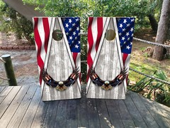 WATERPROOF Grey Wood Grain USA Flag Cornhole Board Wraps / Cornhole Decals