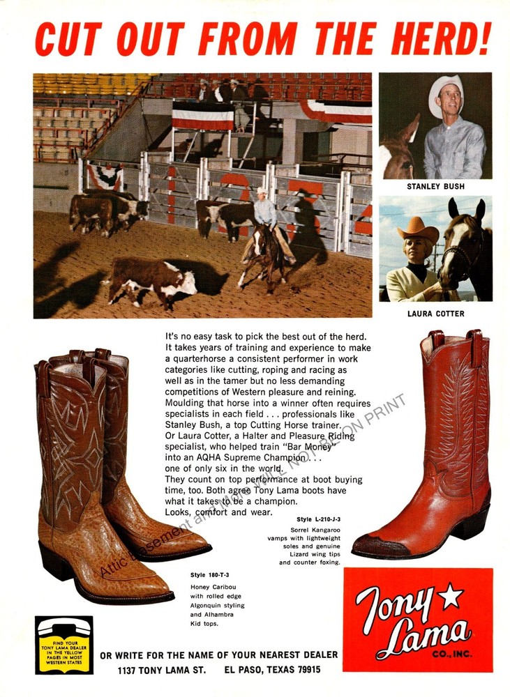 Laura Cotter 1969 Tony Lama Boots Print Ad Ephemera Wall Decor Stanley Bush